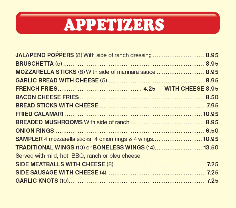 Menu Brothers Pizza Pasta Subs