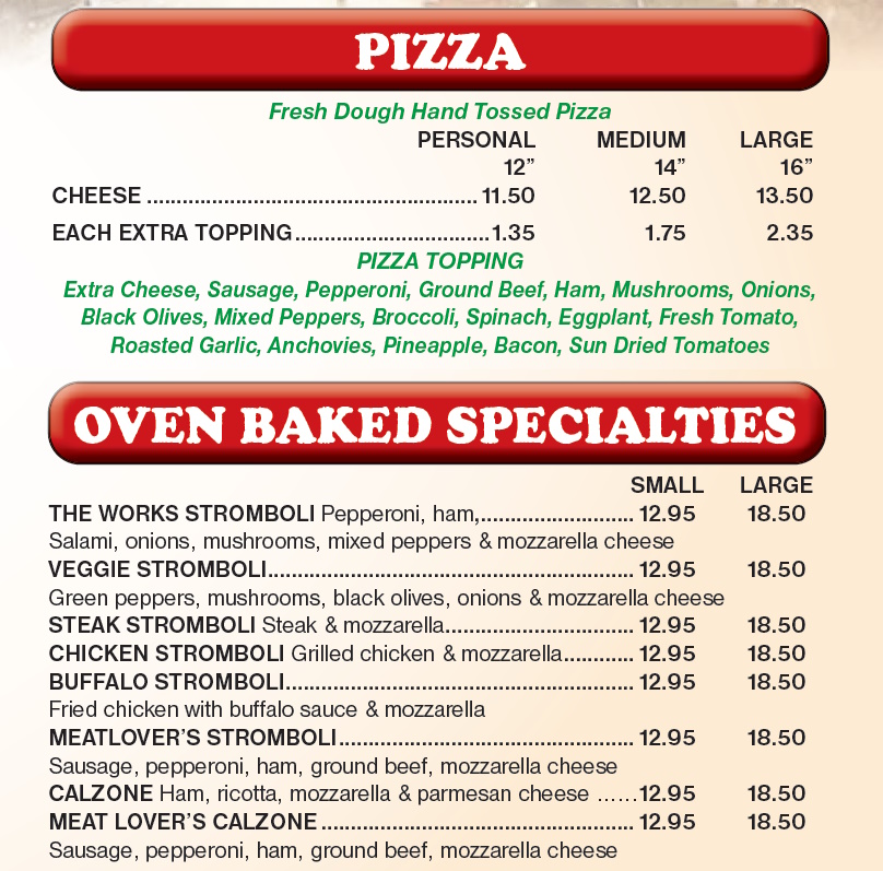 Menu Brothers Pizza Pasta Subs