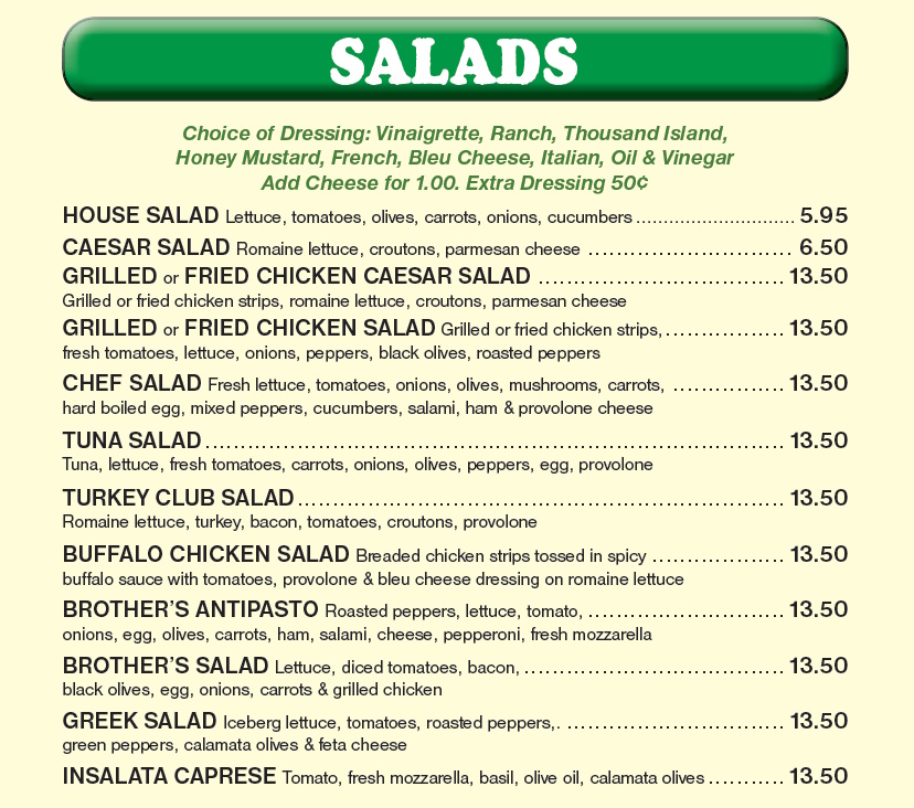 Menu Brothers Pizza Pasta Subs